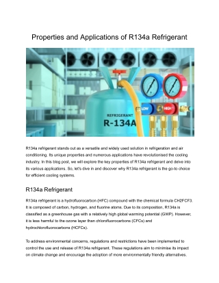 Properties and Applications of R134a Refrigerant