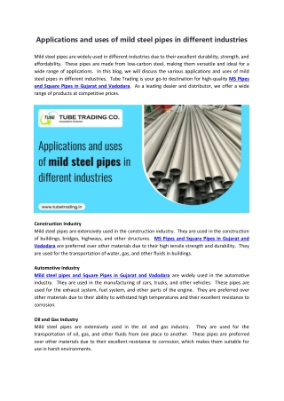 Applications and uses of mild steel pipes in different industries