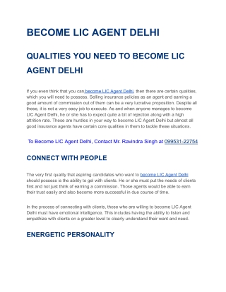 BECOME LIC AGENT DELHI