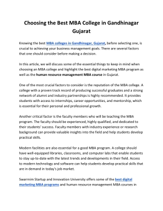 Choosing the Best MBA College in Gandhinagar Gujarat