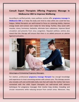 Consult Expert Therapists Offering Pregnancy Massage in Melbourne CBD to Improve Wellbeing