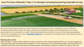 Know The Views Of Benedict T Palen Jr On Rainwater Harvesting Empowering Sustain