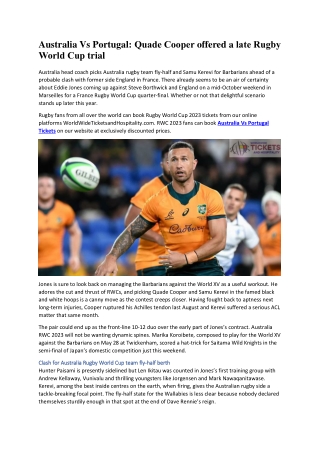 Australia Vs Portugal Quade Cooper offered a late Rugby World Cup trial