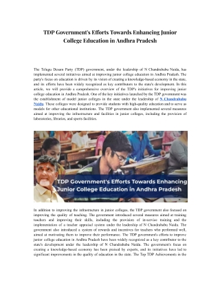 TDP Government's Efforts Towards Enhancing Junior College Education in Andhra Pradesh