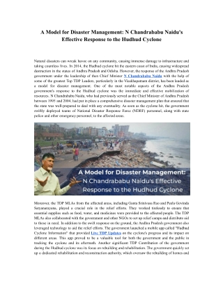 A Model for Disaster Management N Chandrababu Naidu's Effective Response to the Hudhud Cyclone