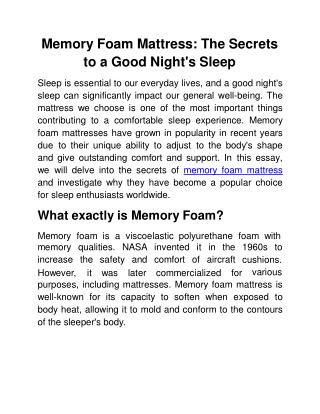 Memory Foam Mattress: The Secrets  to a Good Night's Sleep