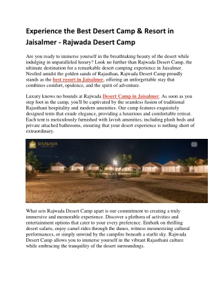 Experience the Best Desert Camp & Resort in Jaisalmer - Rajwada Desert Camp