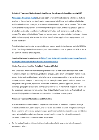 Anisakiasis Treatment Market Outlook, Key Players, Overview Analysis and Forecast by 2028