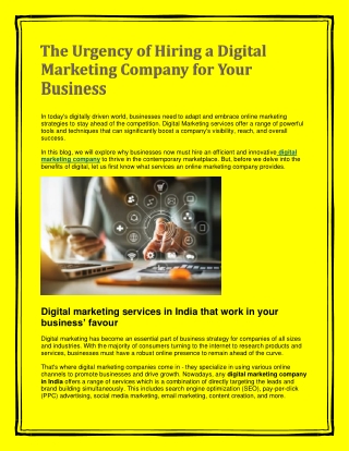 The Urgency of Hiring a Digital Marketing Company for Your Business