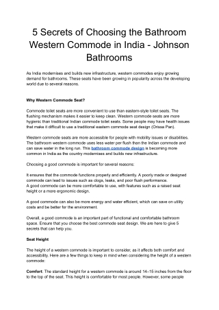 5 Secrets of Choosing the Bathroom Western Commode in India - Johnson Bathrooms