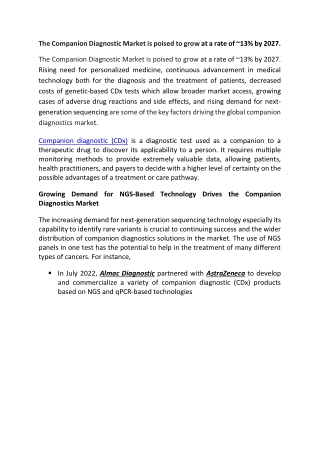 Companion Diagnostic Market to grow at a rate of ~13% by 2027