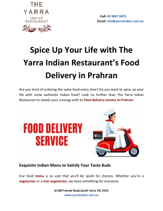 Spice Up Your Life with The Yarra Indian Restaurant’s Food Delivery in Prahran