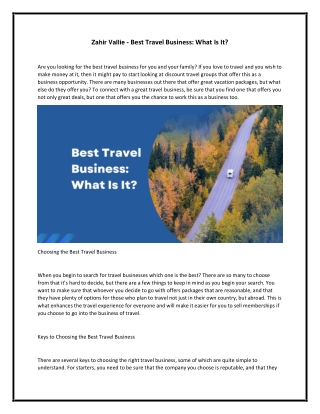 Zahir Vallie - Best Travel Business - What Is It