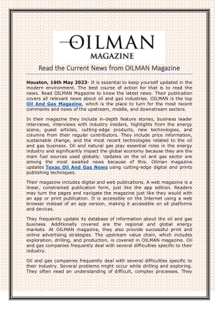 Read the Current News from OILMAN Magazine