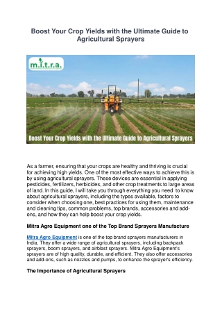 Boost Your Crop Yields with The Ultimate Guide to Agricultural Sprayers
