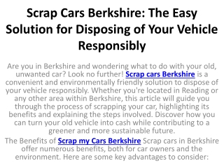 Scrap Cars Berkshire The Easy Solution for Disposing of Your Vehicle Responsibly