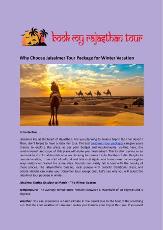 Why Choose Jaisalmer Tour Package for Winter Vacation