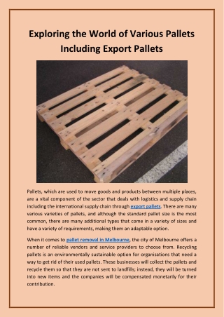 Exploring the World of Various Pallets Including Export Pallets