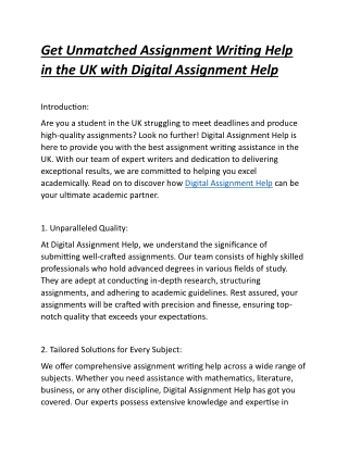 Get Unmatched Assignment Writing Help in the UK with Digital Assignment Help