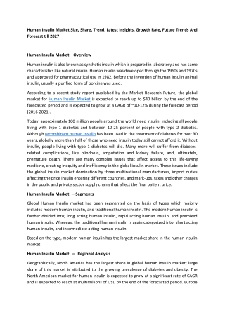 Human Insulin Market Research, Trends, Growth, Key Factors, Manufacture Players