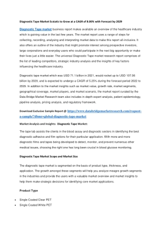 Diagnostic Tape Market Ecstatic to Grow at a CAGR of 8.00 with Forecast by 2029