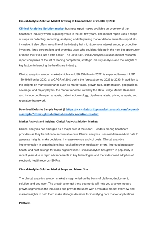 Clinical Analytics Solution Market Growing at Eminent CAGR of 20.00 by 2030