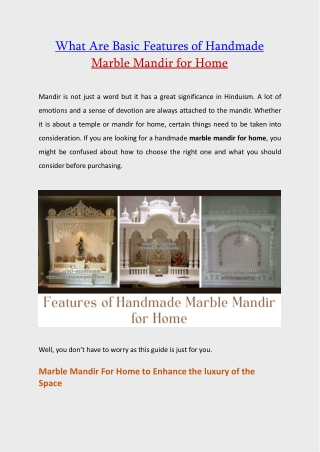 What Are Basic Features of Handmade Marble Mandir for Home