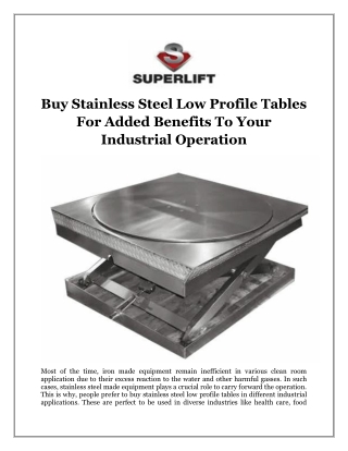 Buy Stainless Steel Low Profile Tables For Added Benefits To Your Industrial Operation