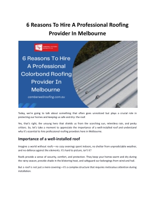 6 Reasons To Hire A Professional Colorbond Roofing Provider In Melbourne