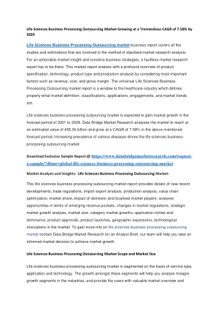 Life Sciences Business Processing Outsourcing Market Growing at a Tremendous CAGR of 7.58 by 2029
