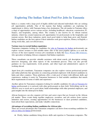 Exploring The Indian Talent Pool For Jobs In Tanzania