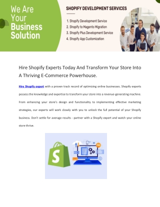 Hire Shopify Experts Today And Transform Your Store Into A Thriving E-Commerce