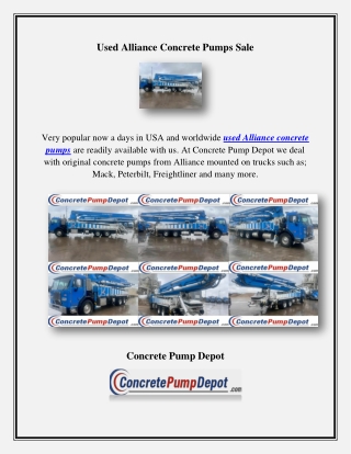 Used Alliance Concrete Pumps Sale, concretepumpdepot