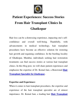 Hair Transplant Specialist In Ghatkopar Call-9769167039