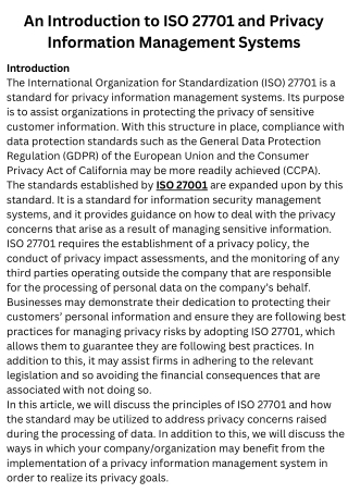 An Introduction to ISO 27701 and PrivacyInformation Management Systems