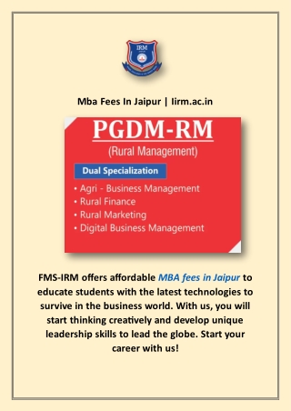 Mba Fees In Jaipur | Iirm.ac.in