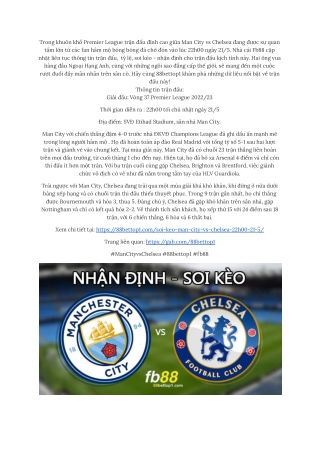 88bettop1 cập nhật những thông tin mới nhất về trận đấu giữa Man City vs Chelsea