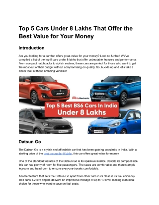 Top 5 Cars Under 8 Lakhs That Offer the Best Value for Your Money