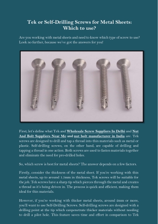 Tek or Self-Drilling Screws for Metal Sheets Which to use