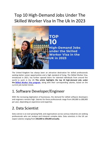 Top 10 High-Demand Jobs Under The Skilled Worker Visa In The Uk In 2023