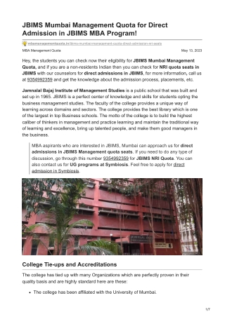 JBIMS Mumbai Management Quota for Direct Admission in JBIMS MBA Program-mbamanagementquota.in