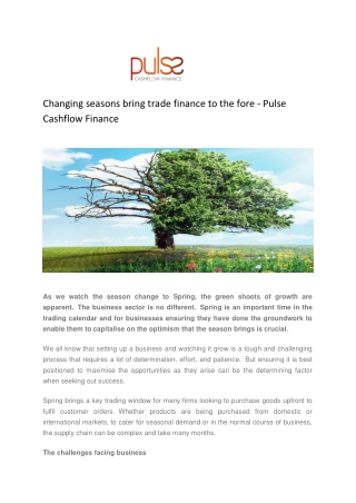 Changing seasons bring trade finance to the fore - Pulse Cashflow Finance