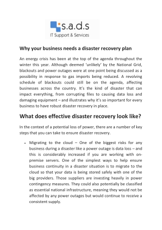 Why your business needs a disaster recovery plan - SADS IT