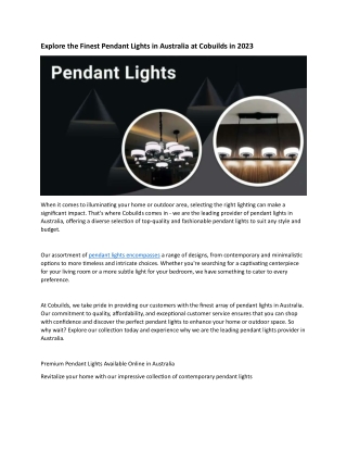 Explore the Finest Pendant Lights in Australia at Cobuilds in 2023
