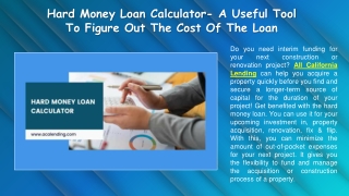 Hard Money Loan Calculator- A Useful Tool To Figure Out The Cost Of The Loan