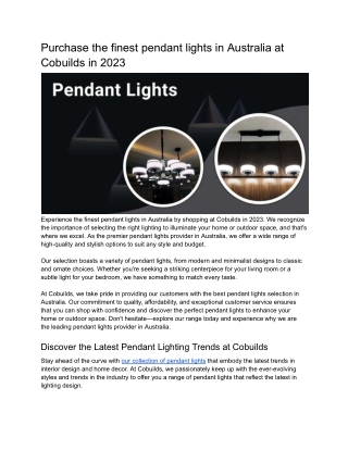 Purchase the finest pendant lights in Australia at Cobuilds