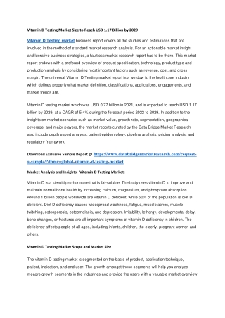 Vitamin D Testing Market Size to Reach USD 1.17 Billion by 2029