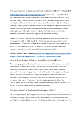 Radiosurgery Systems (Neurology Devices) Market Share, Size, Demand & SWOT Analysis by 2029