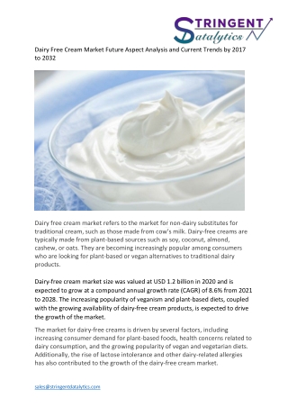 Dairy free cream market Growth, Revenue, Future Development & Forecast