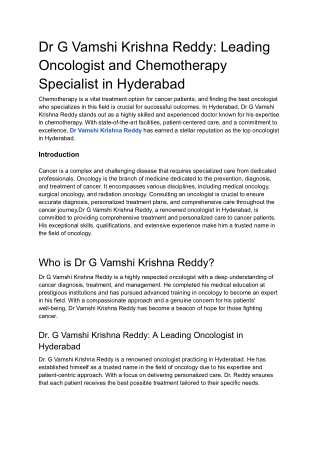 Dr G Vamshi Krishna Reddy_ Leading Oncologist and Chemotherapy Specialist in Hyderabad